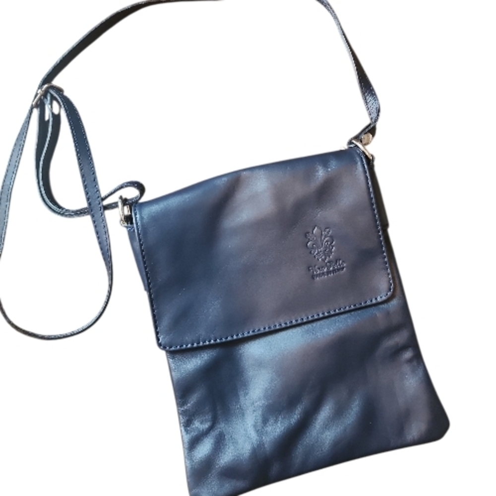 VERA PELLE‎ | Small Navy Crossbody Bag Embossed Vegan Leather Silver Accents